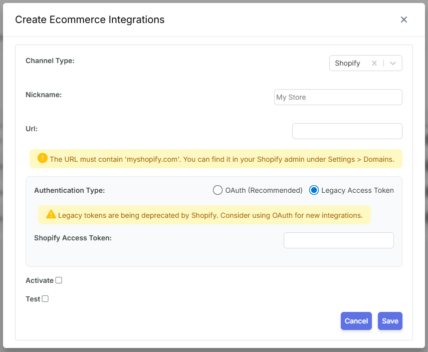 Create integration dialog - choose Shopify and OAuth